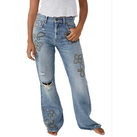 Free People We the Free Wiley Beaded Ripped Bootcut Jeans Size 28 - Picture 1 of 7